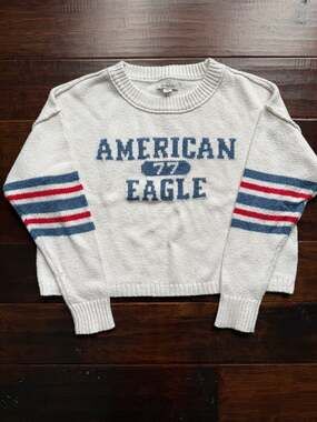 American Eagle Women's Easy Crew Neck Spell Out Sweater with Sleeve Stripes